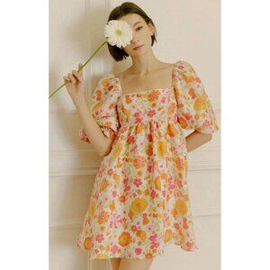 STORIA Multicolor Floral Satin Short Sleeve Lined Babydoll Dress NWT Size Small